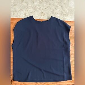 navy blouse with crew neckline